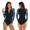 Swimsuit Women Monokini Long Sleeve Plus Size Swimwear Female Print Beach Bathing Suit Surfing Swimming Suit 210604