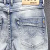 Męskie dżinsy koreański styl moda mężczyźni retro jasnoniebieski elastyczne szczupły fit Ripped haft designerskie ulica casual denim spodnie