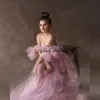 pink long strapless tulle dress