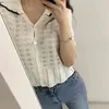 Summer Knitted Hollow Cardigan Tops Women Short Sleeve Turn-down Collar Single Breasted Sweater Korean Fashion Jumpers 210513