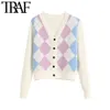 TRAF kvinnor cardigan vintage stilig geometrisk mönster kort stickad tröja mode långärmad England stil ytterkläder Chaqueta 210810