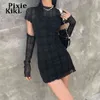 Zwart Mesh Plaid Jurk 3 Stuk Set Dark Academia Mall Goth Sexy Bodycon Mini Jurk Egirl Style Kleding P94-CH29 Y220304