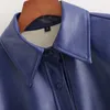 Vintage Woman Dark Blue PU Pleated Shirt Dress Spring Autumn Fashion Ladies Leather es Female Elegant Streetwear 210515