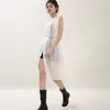 [EAM] Spring Summer Stand Collar Sleeveless white Perspective Loose Thin Big Size Dress Women Fashion JU44400 210512