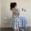 Verão Sweet Kawaii Dress Mulheres Buff Manga Backless Vestido Floral Praia Vestido Coreano Bandagem Escritório Senhora 210521