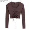 Zevity Women Simply V Neck Pleated Lace Up Långärmad Chic Camis Tank Damer Strikkad Slim T-shirt Casual Crop Tops LS7552 210603