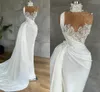 Sukienki wieczorowe syreny luksusowe perełki z iluzji wysokiej szyi top formalne suknie na imprezę balową koronkowe aplikacje peplum Ruched szata de Mariee