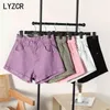 Lyzcr casual denim branco shorts mulheres doces cor preta cintura jeans verão solto largamente perna jean short 210719