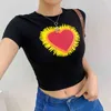 Brązowy Słodki Serce Drukowane Y2K Crop Top T-shirt Kobiety Moda Lato Kawaii Krótkie Rękawy Harajuku Bawełniane Pulorzy Czarne trójniki 210510