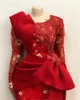 Afrykańskie długie rękawy koronkowe sukienki wieczorowe syreny 2021 ASO EBI Long Rleeves Pleats Peplum czerwone suknie balowe szat de soiree197o