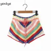 Multicolore rayé tricot Crochet Shorts femmes cordon taille Sexy Femme vacances été Boho mujer spodenki damskie 210514