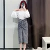 PSEEWE Women Skirt 2021 Za Plaid High Waist Elegant Long Skirts Woman Blue Slit Pencil Midi Summer Skirt Vintage Female Skirts X0428