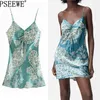 Robe d'été femme bleu imprimé Slip robes courtes femmes Vintage vert froncé dos nu Mini Sexy fête 210519