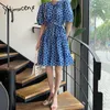 Yitimuceng Floral Print Jurken voor Dames Zomer Koreaanse Mode Ruffles Boho Mini Dress Long Puff Sleeve Blue Sundress 210601