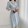 Elegancka jednopierierska lapel kobiety MIDI Dress Moda Długi rękaw Opasowany Slim Talia Kobiet Workwear Vestidos 210519