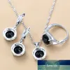 Wedding JewelryNew 925 Silver Sets Black Zircon Dangle Earrings and Necklace Ring 3 piece Set women Trendy Costume