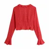 Spring Women Dot Printing V Hals Ruffle Red Short Shirt Kvinna Långärmad Blus Casual Lady Crop Tops Blusas S8671 210430