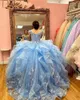 2021 Işık Gökyüzü Mavi Vestidos De 15 Años Quinceanera Elbiseler Boncuk Aplike Tatlı 16 Balo Artı Boyutu Balo Elbise