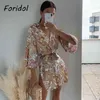 Frau kurze Kimono Robe Kleid Hemd V-Ausschnitt Cashew Print Flare Ärmel Seite Split Vintage Mini lose Vestido Boho 210427