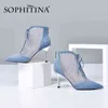 Sophitina мода женские ботинки пэчворк кроссвязанные хрустальные украшения лодыжки тонкие каблуки туфли стильные заостренные носки ботинки PO439 210513