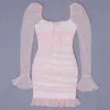 Women Sexy Designer Mesh Ruched Pink Bandage Dress Elegant Night Club Celebrity Chic Evening Party Vestido 210527