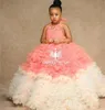 Girl's Dresses Ball Puffy Flower Girl For Wedding Halter Beads Crystal African Girls Pageant Gowns Tiered Skirts Tulle Kids Prom Dress