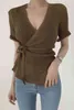 Koreansk Sexig Elegant Slim V-Neck Side Cross Slips Midja T-shirt Toppar Kvinna Kortärmad Sweater Topp T-shirt Kvinnor 210514