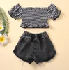 Kinderen Past Girs Rattice T-shirt + Denim Shorts Sets Peuter Baby Meisjes Kleding Set Kid kleding