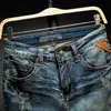 Shanbao trend heren zomer denim shorts retro-stijl oude lederen ontwerper dunne gat rechte katoenen jeans 210723