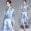 Spring Summer Runway Floral Maxi Dres's three quarter Sleeve Bohemia Beach Holiday Long Dresses 210531