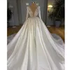 2021 Türkische Perlen Kristall Weiß Satin Brautkleider Dubai Arabisch Langarm Brautkleider Brautkleid Naher Osten