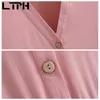 Robe chemise en lin rose lâche décontractée femmes col en V manches 3/4 vintage simple boutonnage élégant robes A-ligne printemps 210427
