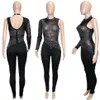 Women Jumpsuits One Piece Outfits Sexy Mesh See Through Rhinestone One Shoulder Bodycon Trousers Romper Back Zip Jumpsuit