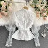Elegant V-neck Lace Blouse Shirt Ladies French Retro Dot Mesh Patchwork Puff Sleeve Buttons Belted Short Tops 210603
