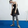 [EAM] Women Black Slim Ruffles Pleated Dress Strapless Spaghetti Strap Loose Fit Fashion Spring Summer 1DD7423 210512