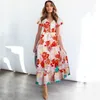 Sommer V-ausschnitt Floral Print Lace-Up Kleid Mode Lotus Hülse Taste Hohe Taille Rüschen Nähte Lange Femme Robe 210517