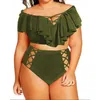 Ladies Sexy Bikini Set High Waist Plus Fat Plus Large Size Color Print Swimsuit Retro Halter Bandage Bikini Plus Size 210515