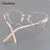 Marco de titanio con diamantes de imitación, lentes transparentes, gafas sin montura, montura ligera, gafas graduadas graduadas de vidrio degradado para mujer 2103272M