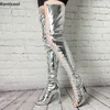 Rontic Personal Customize Women Spring Thigh Boots Patent Stiletto Heels Peep Toe Silver Party Shoes Women Us Size 5-20