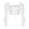 Vår Sommar Mode Eleganta franska romantiska skjortor Blommiga Puffärm Fyrkantig krage Damblusar Ny vit chiffongskjorta