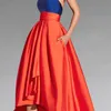 Hi Lo Prom Dress Blue with Coral Satin Party Gowns Side Pockets Backless fuller skirt that has a fitted waistband accentuates the waist