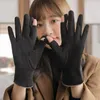 Five Fingers Gloves Women Winter Suede Plus Velvet Thicken Touch Screen Keep Warm Fashion Simple Solid Windproof Leaking A40