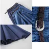 Taille haute Midi Jean Jupe Femmes Élégant Midi Denim Jupe plissée avec ceinture Style coréen Bureau d'été Dames Streetwear 210619