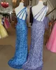 One-Shoulder Sparkle Sequins Prom Dresses 2022 Sheath Criss-Cross Straps Back Split Long Lilac Blue Hot-Pink Purple Gold Green Pageant Gowns Formal Event Party Wear