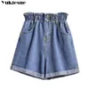 Summer High Waist Denim Shorts Women Casual Loose Ladies Fashion Roll Up Hem Elastic Jeans Female plus size S-5XL 210719