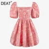 Kvinnor Vit Utskrift Hollow Out Ball Gown Dress Square Neck Kort Puff Sleeve Slim Fit Fashion Tide Summer 7e1032 210421