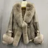 Winter Echtpelz Mantel Echtes Kaninchen Haut Leder Und Pelz Jacken Mit Natürlichen Pelz Kragen Damen Outwear Oversize 211019