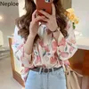 NEPLOE PEACH PRINT TRIPTS KVINNA FJÄRN SÄKERHET KRAVS LOSE CASE CASE Toppar Koreanska Fashion Blusas Långärmad Vintage Blouses 210422