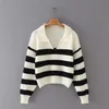 TRAF Women Fashion Striped POLO Collar Loose Knit Sweater Retro Long Sleeve Pullover Streetwear 210922