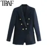 Traf女性のファッションメタルボタンのファッションブレザーズコートヴィンテージ長袖バックベント女性のアウターシックトップ211006